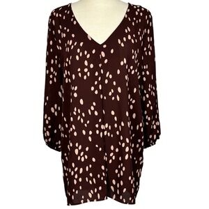 Bobeau Blouse M Brown Pink Polka Dot V Neck 3/4 Sleeve Lightweight Top